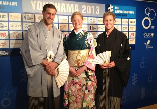 Martin Van Barneveld, Kate McIlroy and Ryan Sissons dress in traditional Japanese Kimono costume at the official welcome party for the ITU World Triathlon Series Yokohama.
